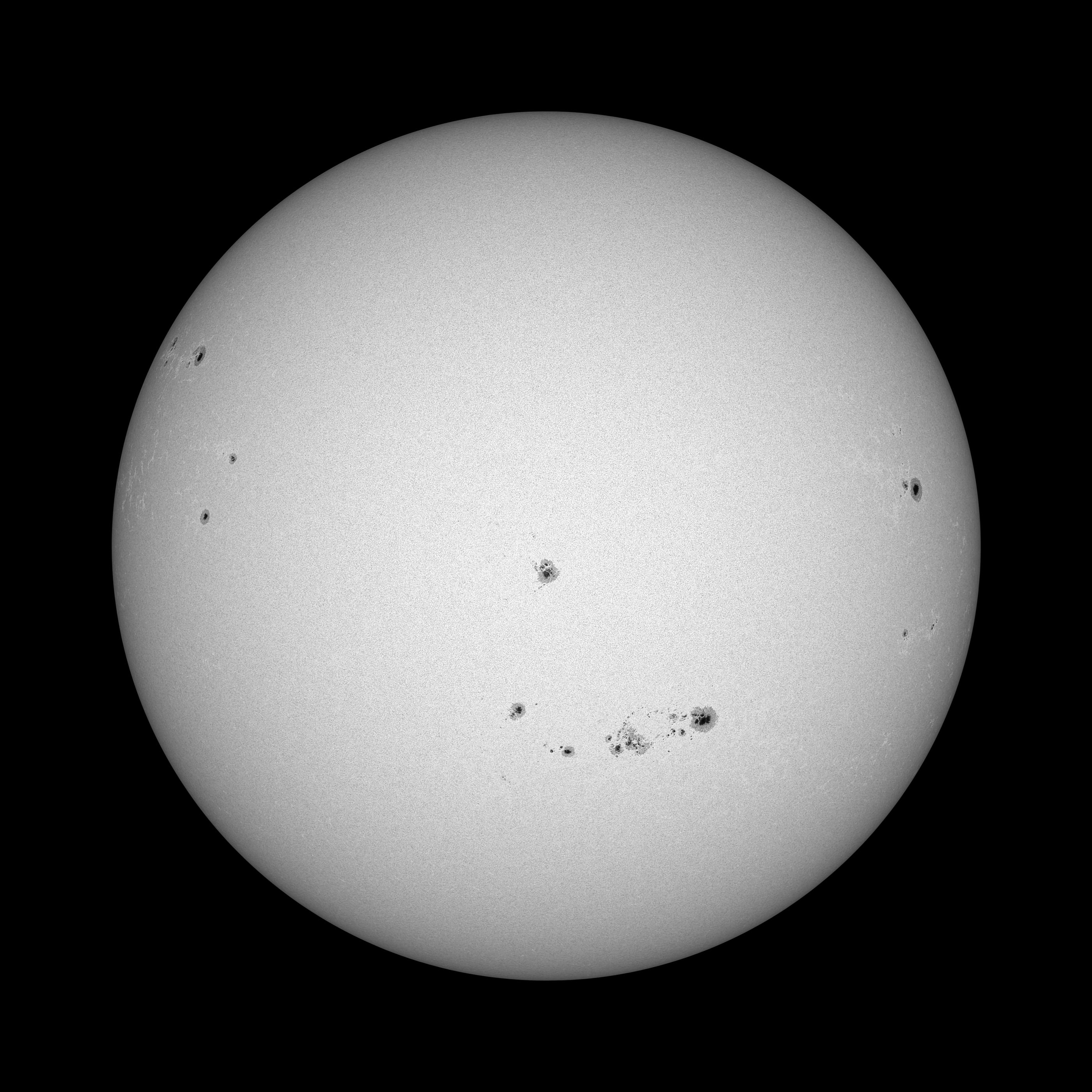 Foto der Sonne im Weisslicht mit vielen Sonnenflecken, die größer sind als unsere Erde