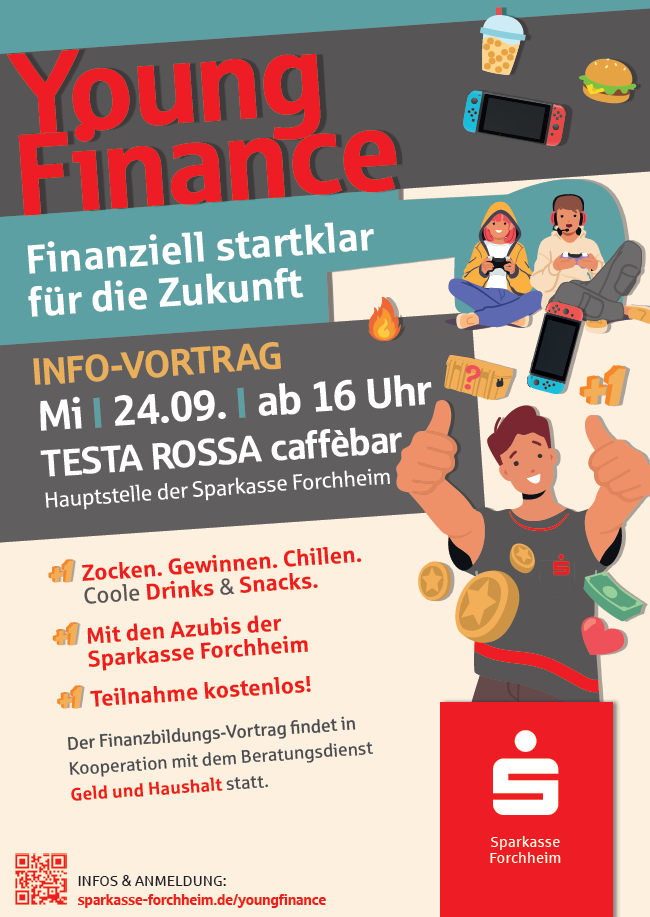 Bunter Info-Flyer der Sparkasse zum Finanzbildungsvortrag am 24. September
